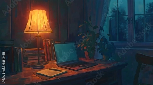 Fototapeta A Cozy Nighttime Study Corner with a Warm Lamp, Open Laptop, and Stack of Books on a Wooden Desk by a Window


