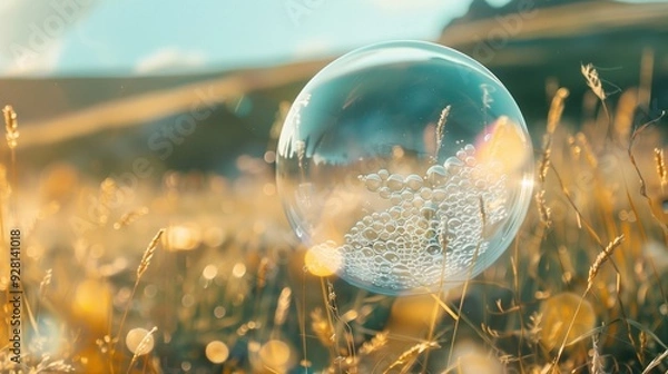 Fototapeta A transparent bubble floating in the air over a meadow.