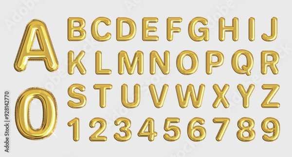 Fototapeta English alphabet and numbers Balloons. Golden balloons for text, letters, festivals. Festive, realistic scene. Vector illustration of letters from A to Z.