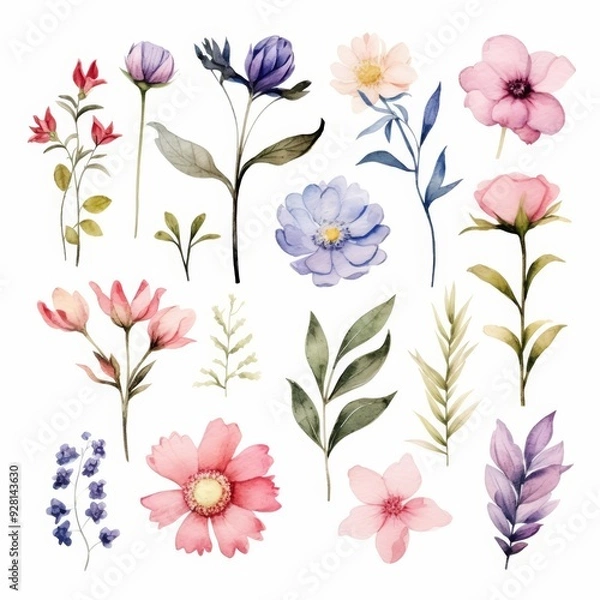 Fototapeta Watercolor floral elements set, isolated on white background.  The set contains 13 botanical watercolor illustrations with purple, pink, and red flowers and green leaves.