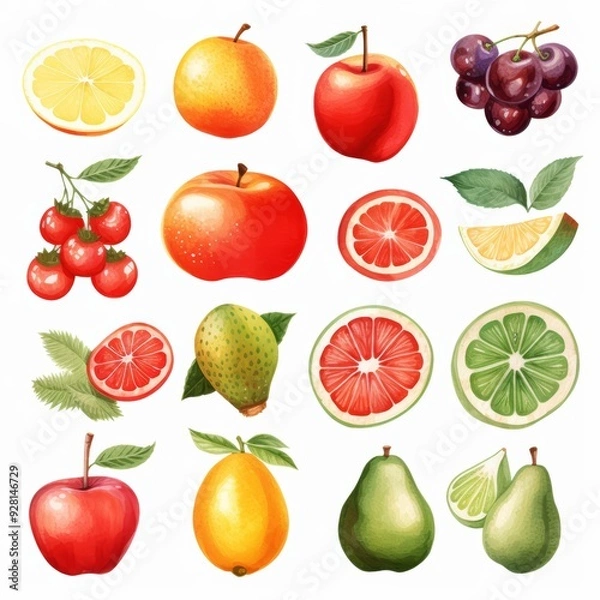 Fototapeta Collection of Fresh Fruits and Berries, Including Apples, Pears, Lemons, Limes, Grapefruit, and Cherries.