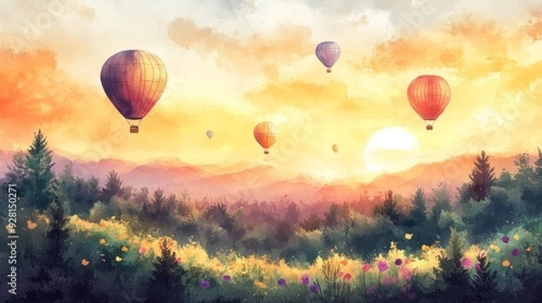 Fototapeta A serene landscape featuring colorful hot air balloons floating against a stunning sunset sky over lush greenery.