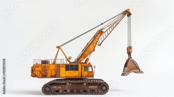 Fototapeta A large orange crane is lifting a large object, nice for kid to learn, white background, isolated