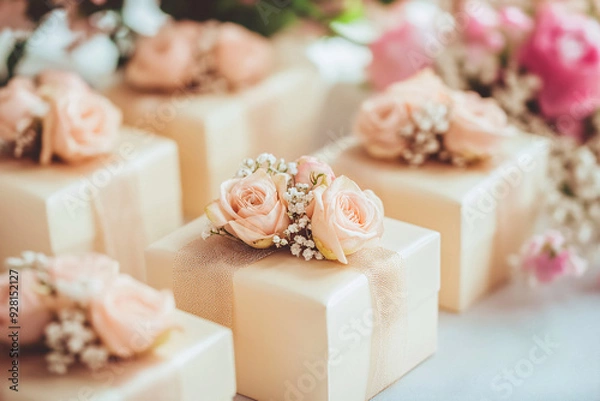 Obraz A row of white boxes with pink flowers on top