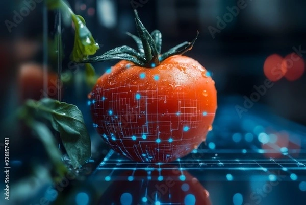 Fototapeta A vibrant tomato with digital circuitry patterns, symbolizing the fusion of technology and agriculture, set against a modern, illuminated background.