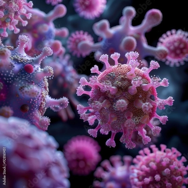 Fototapeta Intricate textures and spike proteins of virus particles are showcased in vibrant hues through this highly detailed 3D rendering.