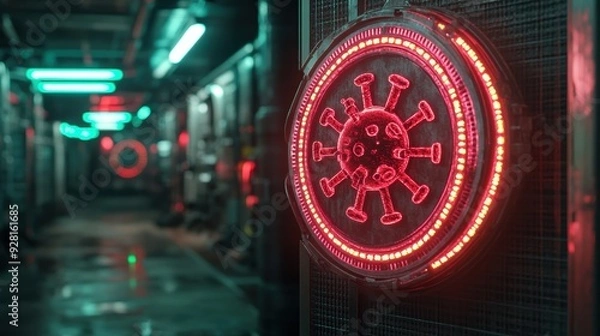 Fototapeta In a dark, industrial corridor, a glowing red virus hologram is projected on the wall, evoking a sense of a high-tech or dystopian environment.