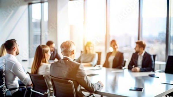 Fototapeta Blurred Team Meeting Room - Soft-focus image of a team meeting room with people and furnishings.

