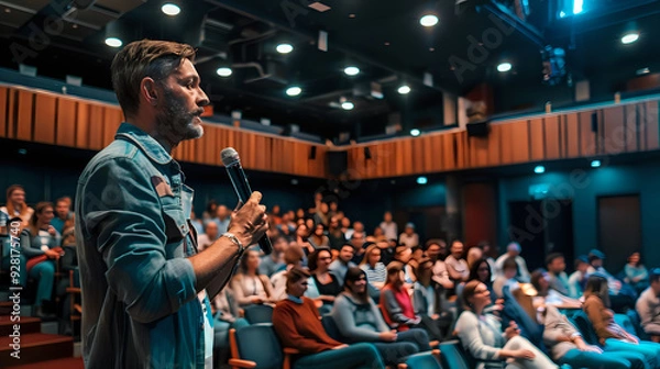 Fototapeta A man with a beard, dressed in a blue shirt, delivering a speech to a large, engaged audience, who are listening intently.