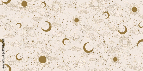 Obraz Seamless golden celestial pattern with sun, moon and stars, mystical astrological background, vector horoscope ornament on beige background. Zodiac banner, ornament for fabric, wrapping paper.