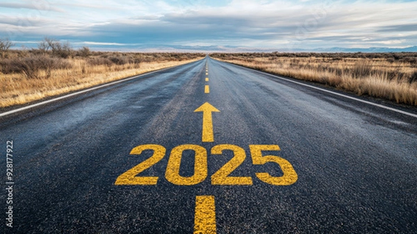 Fototapeta Road to 2025 with an empty road with written 2025 and arrow pointing towards the horizon to represent the future and positivity and success of the new year 2025