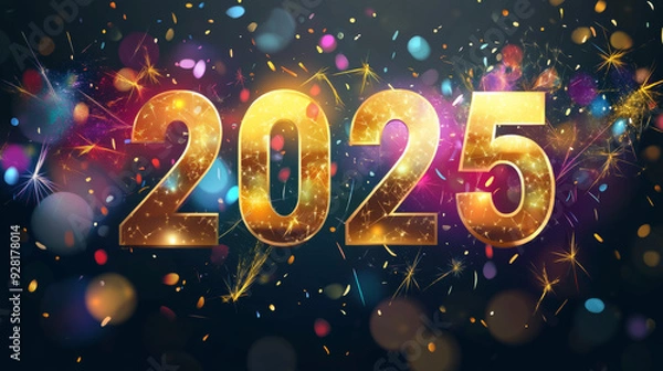 Fototapeta Festive illustration for happy new year 2025 with colorful numbers for the year 2025 over background full of particles of different colors