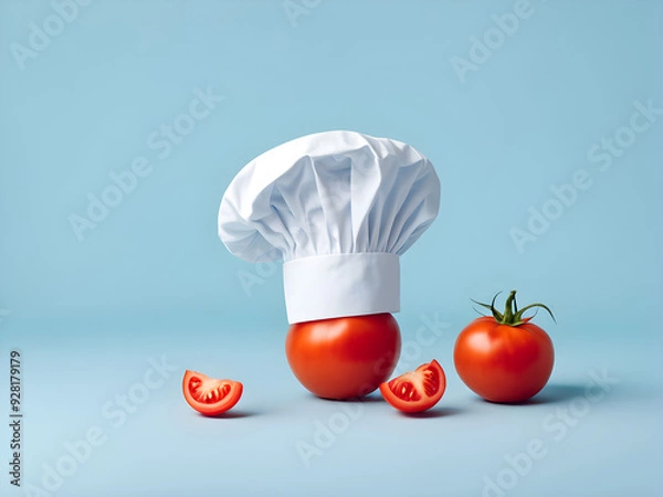 Fototapeta Chef hat with tomato concept on pastel blue background. minimal idea food and fruit concept. An idea creative to produce work within an advertising marketing communications or artwork design
