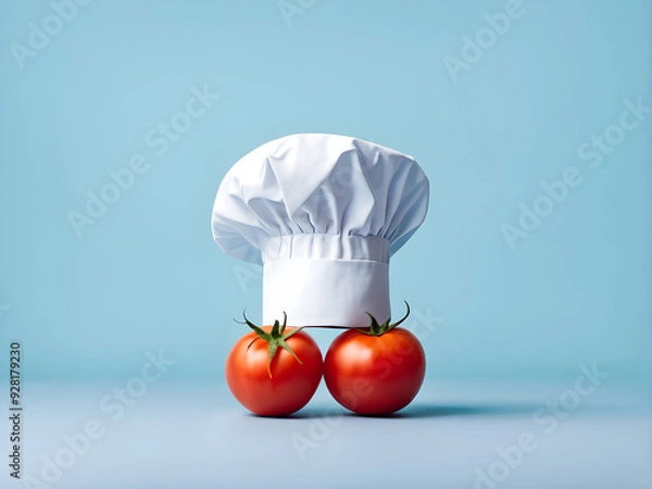 Fototapeta Chef hat with tomato concept on pastel blue background. minimal idea food and fruit concept. An idea creative to produce work within an advertising marketing communications or artwork design