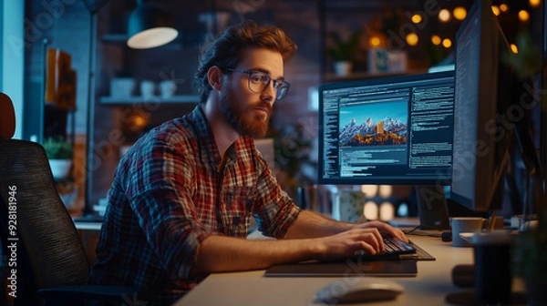 Obraz Young man coding at his computer in a cozy home office during the evening