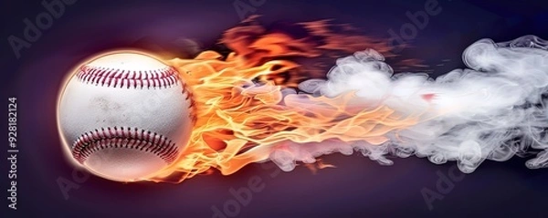 Obraz A baseball is on fire, with flames and smoke trailing behind it. This image represents the intensity and excitement of the sport.