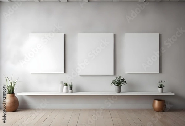 Fototapeta Three blank white canvases hanging on a wall in a minimalist interior.