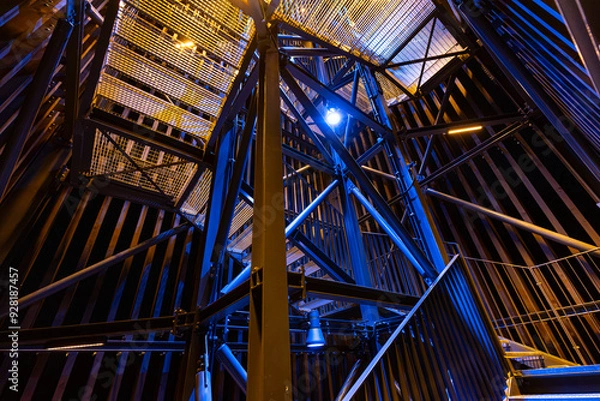Fototapeta An upward view of a metal structure at night, dramatically lit with bright blue and yellow lights. The intricate framework and vibrant lighting create a futuristic, abstract visual effect.