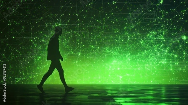 Fototapeta silhouette of a person walking in high-tech concept art featuring glowing green lights.