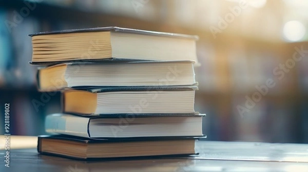 Fototapeta Pristine Textbook Stack on Library Table, Embodiment of Untapped Knowledge Awaiting Exploration