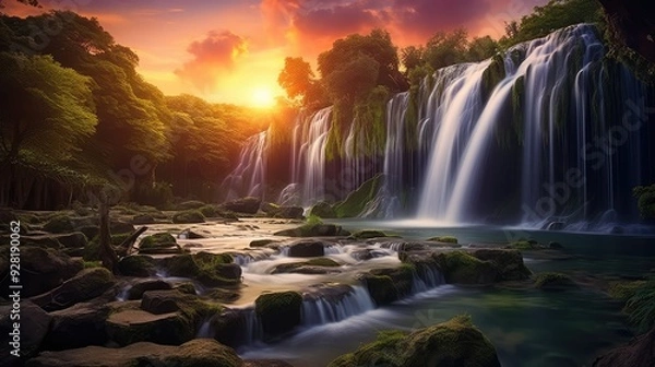 Obraz sun green waterfall