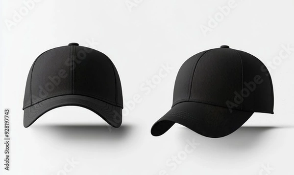 Fototapeta Set of black front and side view hat baseball cap on white background cutout file. Mockup template for artwork graphic design, Generative AI