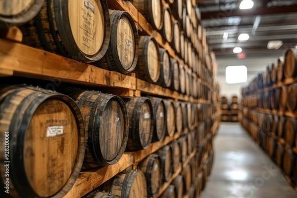 Fototapeta Whiskey, bourbon, scotch, wine barrels in an aging facility, Generative AI