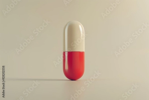 Fototapeta A 3D mock-up rendering presents a modernist-style white and pink capsule pill against a light white background in minimalist product photography.