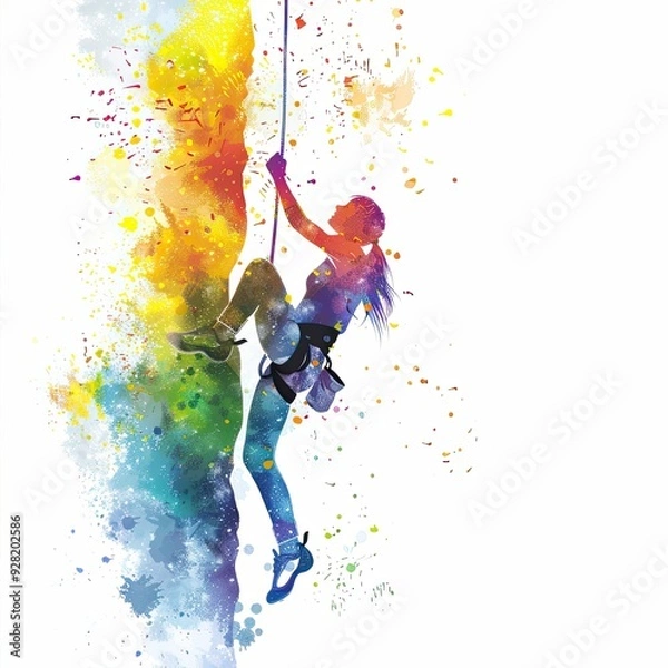 Fototapeta watercolor artwork shows a climber ascending a vividly colored cliff, with splashes of paint emphasizing motion and intensity against a white backdrop.