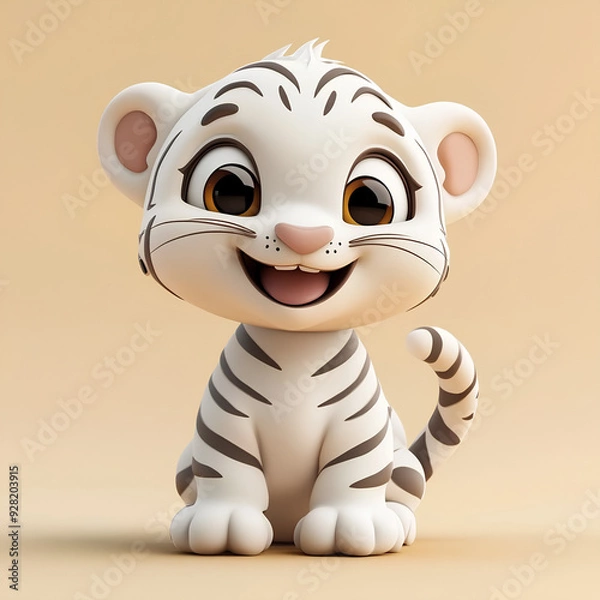 Fototapeta "Cute White Tiger Cub Cartoon - Adorable Smiling Character Illustration AI Generative"