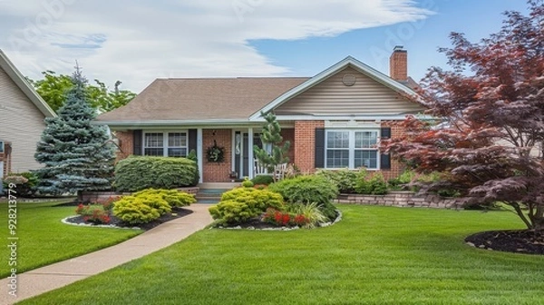 Fototapeta A charming suburban home with a well-maintained front yard. The scene features a classic exterior,
