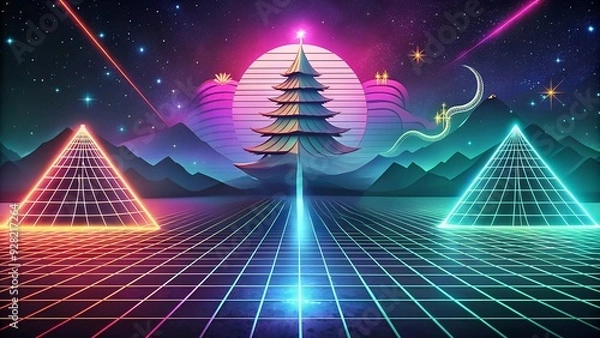 Fototapeta A futuristic neon landscape featuring impressive pyramids with vibrant and colorful visuals