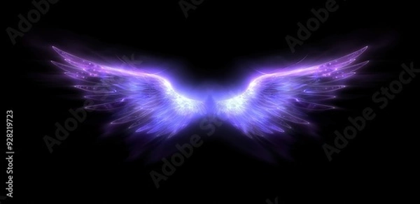 Obraz A pair of glowing purple angel wings on a black background. Spiritual and ethereal imagery.