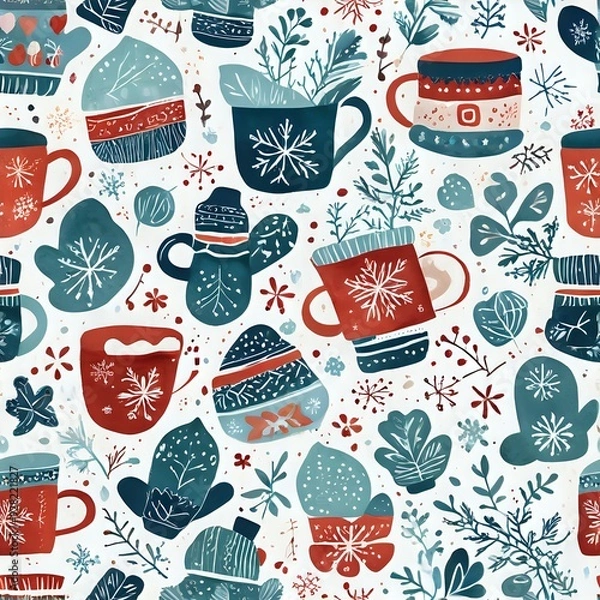 Fototapeta Seamless Pattern of Christmas-themed Mugs and Cups