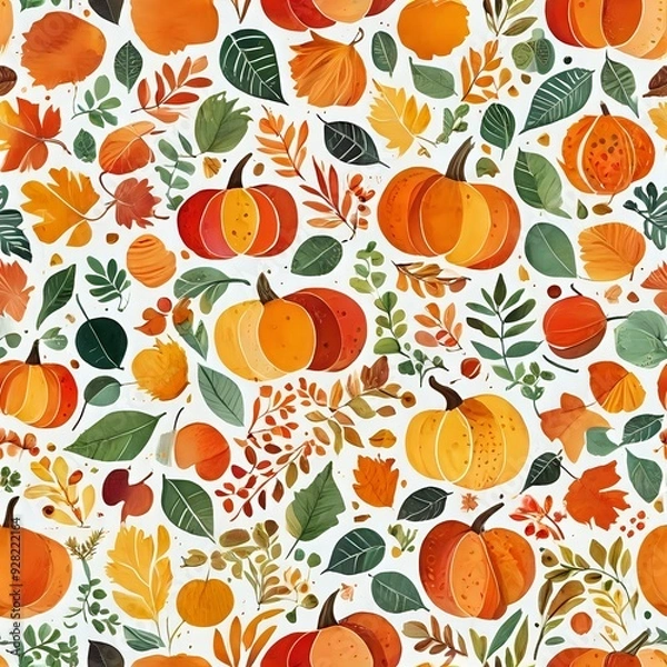 Obraz Autumn Harvest Pattern with Pumpkins and Leaves