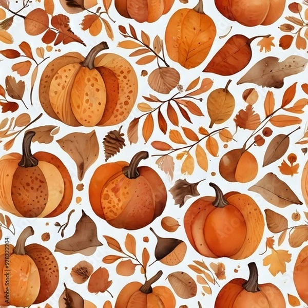 Obraz Autumnal Harvest Pattern: A seamless design featuring pumpkins, leaves and acorns in a variety of autumn colors