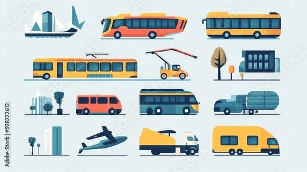 Fototapeta Icons for transport: car, bus, train, ship, plane, and walking. Includes public, travel, and delivery transport icons. Vector illustration. 