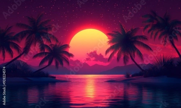 Fototapeta Illustration of a tropical background with sunset or dawn in neon light in retro style. Palm trees and the sun, Generative AI