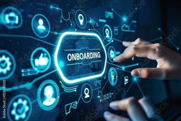 Obraz A futuristic depiction of the digital onboarding process, highlighting interactive elements and user engagement through a high-tech interface..