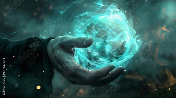 Fototapeta A mysterious hand holding a glowing blue orb of energy, surrounded by swirling ethereal mist in a dark, mystical atmosphere..