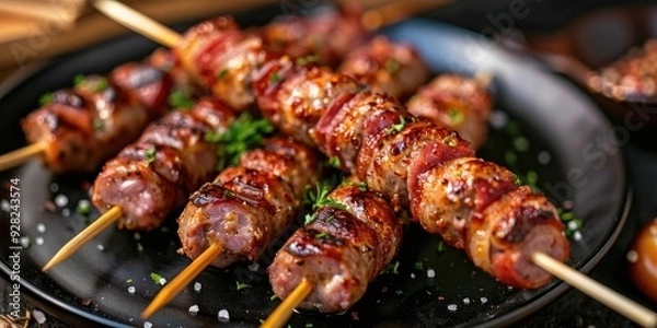 Obraz Skewers featuring grilled pork sausages enveloped in smoked English bacon succulent German salami wurst baked in the oven presented on a sleek black round plate with pretzels on the table