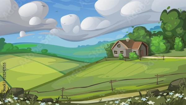 Fototapeta Landscape with fields and a little house. Vector illustration.