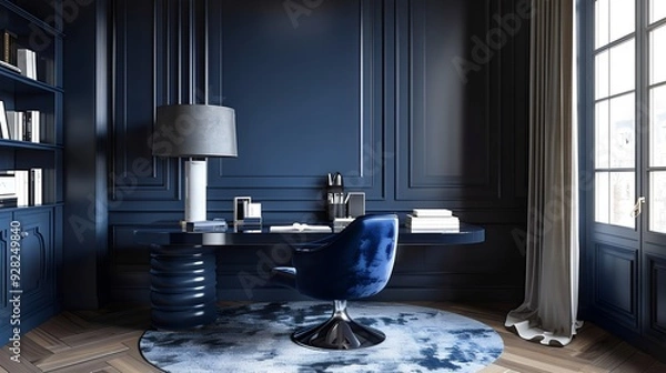 Fototapeta 
A beautifully designed modern home office featuring a stylish blue chair, elegant lamp, and organized desk against a dark blue wall creating a calm and productive work environment.

