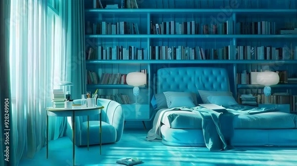 Fototapeta A serene and tranquil bedroom with a luxurious blue theme, featuring a cozy bed, elegant bookshelves filled with books, and soft lighting creating a peaceful and calming atmosphere for rest and relaxa
