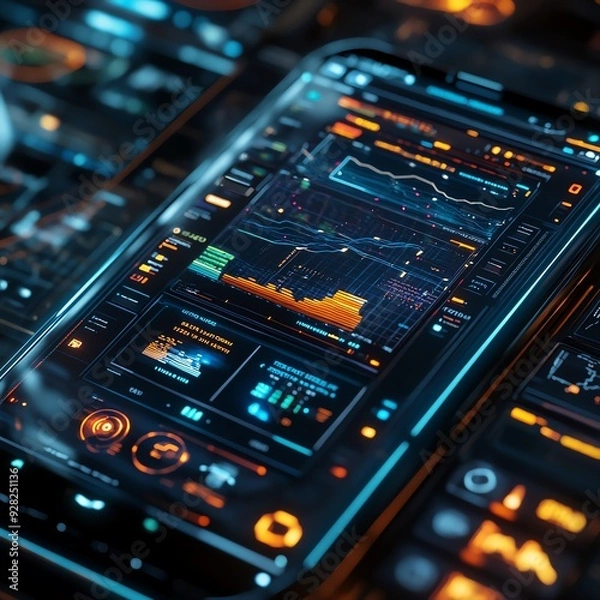 Fototapeta Futuristic smartphone displaying advanced data analytics with glowing graphics and vibrant colors on a digital interface.