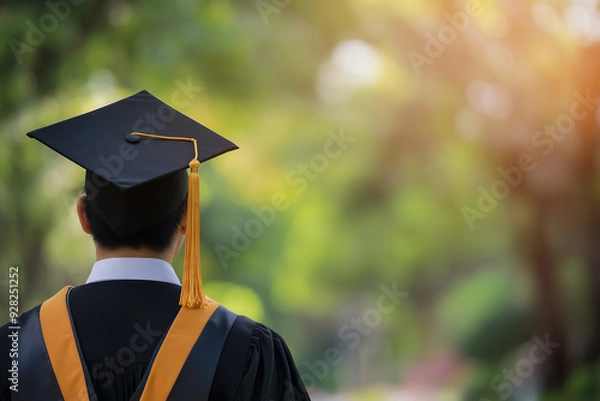 Fototapeta Asian male student wearing a cap and gown during a graduation ceremony, with a blurred background, copy space concept.