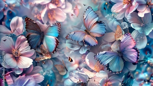 Fototapeta A mesmerizing tapestry of delicate pink flowers and vibrant butterflies creates a breathtakingly beautiful and enchanting scene, perfect for a touch of nature's wonder.