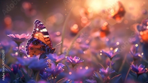 Fototapeta A vibrant butterfly with delicate wings rests on a bed of colorful flowers, bathed in warm sunlight, creating a scene of pure natural beauty and tranquility.


