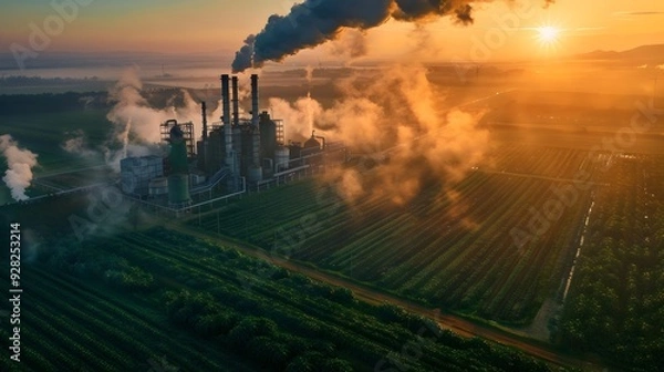 Fototapeta A large industrial plant spews thick black smoke into the air at sunset, contrasting with the green fields below, highlighting the impact of human activity on the environment.


