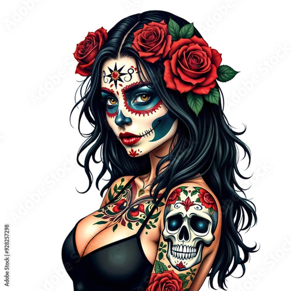 Obraz Beautiful Catrina Woman with Floral Face Paint on Transparent Background
